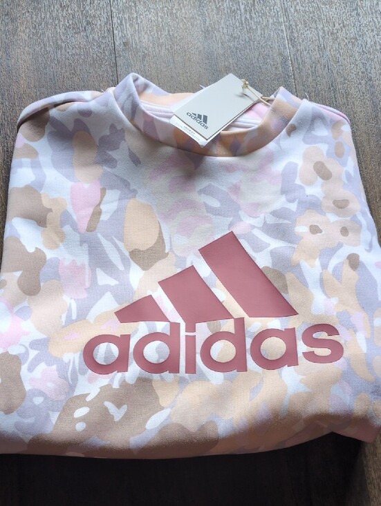 adidas Tops - adidas Pink & Tan Camo Logo Cropped Crew Sweatshirt
